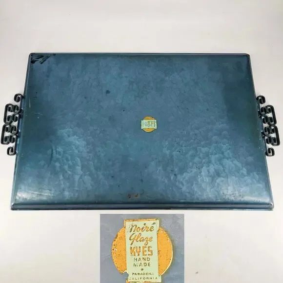Vintage Mid Century Kyes Moire’ Glaze Brass and Enamel Teal Blue Tray 1960s 18" - Picture 3 of 5